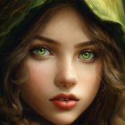 Detailed digital portrait of young woman with green eyes, wavy brown hair, and green hat