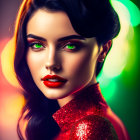 Vibrant digital art portrait of a woman with green eyes, red lips, and wavy hair