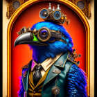 Surreal humanoid bird in Victorian steampunk attire with blue feathers