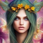 Fantasy character digital portrait with teal hair, floral crown, and glowing butterfly wings.