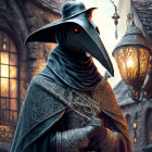 Plague doctor in beaked mask and cloak in dimly lit alley