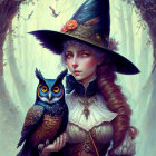 Fantastical witch with owl in mystical forest setting