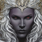 Intense female portrait with pale skin, red eyes, white hair, and golden crown