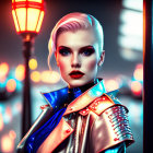 Stylized portrait of woman with platinum blonde hair and bold makeup in futuristic setting