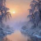 Tranquil snowy landscape at sunset with frost-covered trees and meandering river