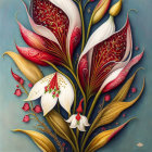 Stylized digital painting of white and deep red floral elements on soft blue background