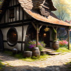 Thatched-Roof Cottage with Flowers in Peaceful Village