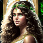 Digital artwork of a woman with curly hair, green eyes, and a golden crown.