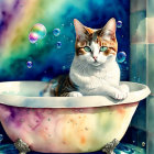 Vibrant Calico Cat in Bathtub with Soap Bubbles on Nebula Background