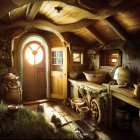 Rustic interior with wooden arched door, round window, hearth, pottery, plants,