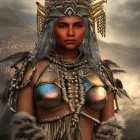 Digital art portrait of woman in ornate fantasy armor with helmet, set against mountainous backdrop and distant