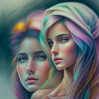 Vivid illustration of two women with colorful, flowing hair and expressive eyes