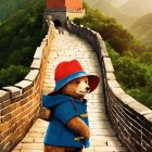 Cartoon bear in red hat and blue coat on Great Wall of China