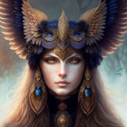 Golden-eyed figure in elaborate feathered headdress with blue accents and gold jewelry