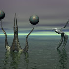 Surreal landscape with humanoid figure, spear, abstract structures, and orbs under cloudy sky