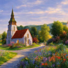 Quaint church with spire in wildflower meadow under pastel sky