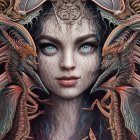 Intricate dragon-themed headdress on captivating woman artwork