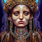 Intricate face paint and detailed headdress in stormy setting