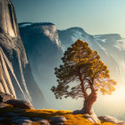 Resilient lone pine tree in golden meadow with sunlit cliffs