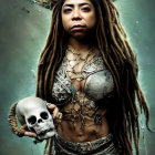 Person with dreadlocks in skull-themed fantasy costume holding a skull on textured backdrop