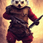 Anthropomorphic hedgehog in military attire with rifle on warm-toned background