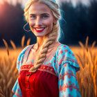 Blonde woman in red dress in wheat field at sunset