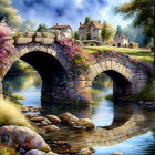 Tranquil river with stone arch bridge, lush greenery, colorful flowers, and quaint houses