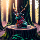 Colorful mythical deer-like creature with elaborate antlers in mystical forest