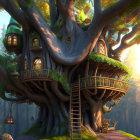 Enchanting treehouse with lanterns and balcony in sunlit forest