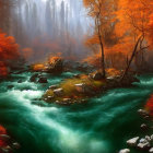 Tranquil autumn river in forest with vibrant foliage