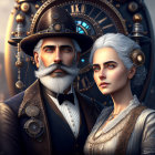 Victorian-era couple in steampunk attire with clockwork backdrop