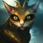 Mystical cat with luminous yellow eyes and golden patterns