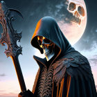 Skeletal figure with decorative axe under skull-patterned moon