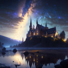 Castle on Hill by Serene Lake under Starry Sky