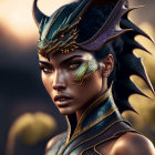 Woman with dragon-inspired makeup and headpiece in golden and black scaled armor