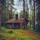 Enchanting forest with dense trees, mossy floor, and foggy atmosphere