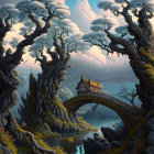 Fantasy landscape with ornate bridge, waterfall, ancient trees & dramatic sky