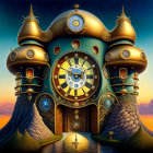 Golden clockwork building with ornate details and grand clock face at sunset