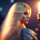 Blonde woman in armor with torch at twilight