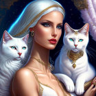 White-Haired Woman with Blue-Eyed Cats and Gold Jewelry on Starry Background