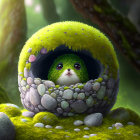 Adorable green creature in mossy hollow with expressive eyes