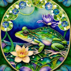 Colorful Green Frog Illustration Among Lily Pads and Flowers