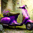 Purple Scooter in Lush Alley with Blooming Flowers