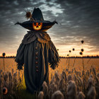 Spooky scarecrow with pumpkin head and witch's hat in field at sunset