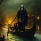 Mysterious cloaked figure with skull mask in boat with oar, hooded companion, and fox