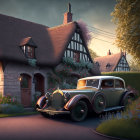 Vintage Car Parked in Front of Thatched-Roof Cottages at Dusk