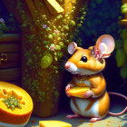 Detailed Illustration of Mouse with Cheese and Wooden Elements