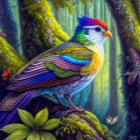 Colorful bird with unique feather pattern in lush forest setting