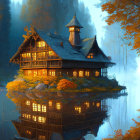 Spacious wooden house with tower by autumnal lake