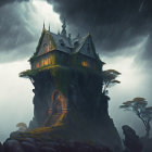 Mysterious mansion on steep rock in stormy sky with rain and lone tree